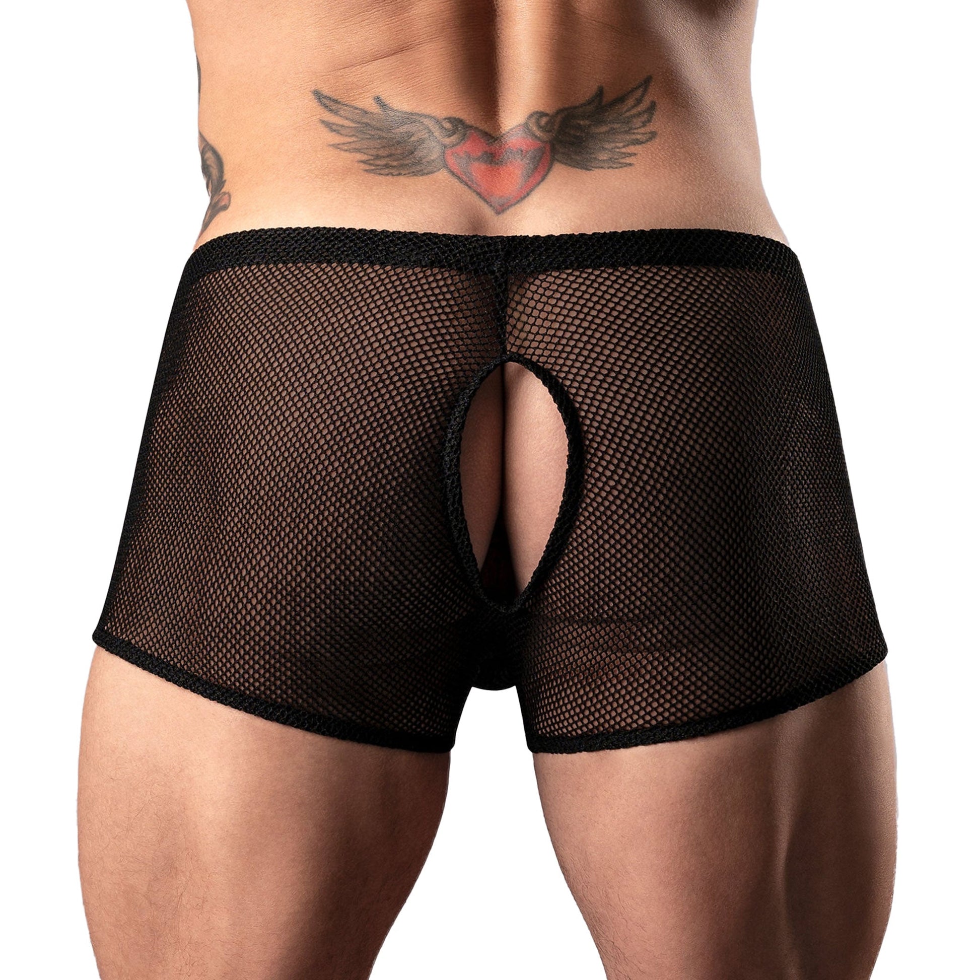 Stretchy stretch fishnet fish net fish-net lingerie shorts underwear open back butt comfort-fit crotch pouch peek-a-boo peekaboo cool breathable elastic lusty slutty black