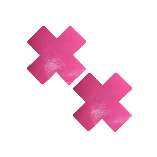 Pink wet vinyl strawberry X pasties, self-adhesive, waterproof nipple covers.
