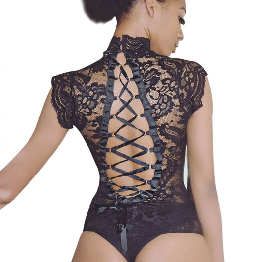 Lace-Back Mock Neck Lace Bodysuit