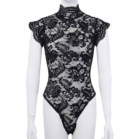 Lace-Back Mock Neck Lace Bodysuit