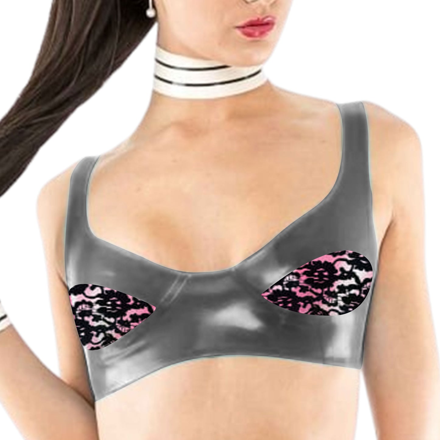 Latex Bra with Latex Lace Cups Fuchsia & Pewter M