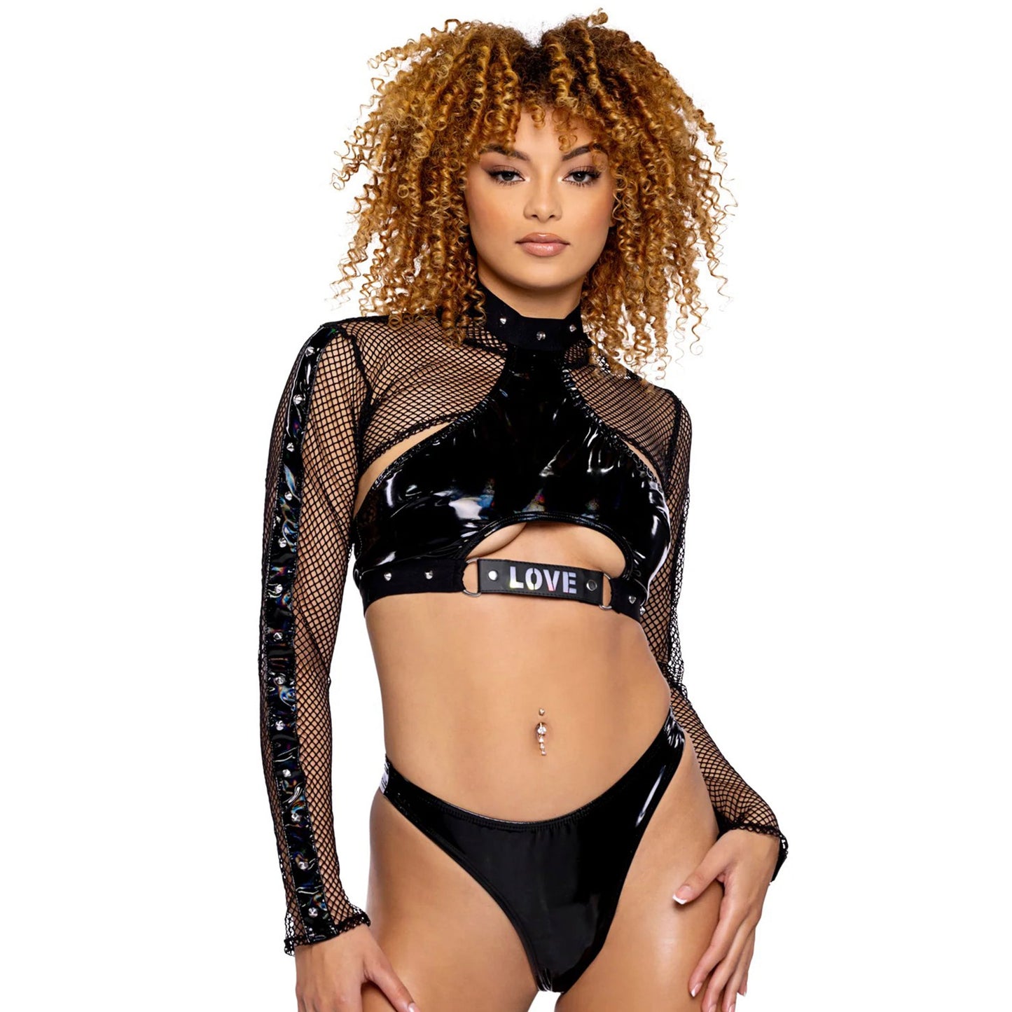 Vinyl Studded Band Fishnet Long Sleeve Shrug- Unisex