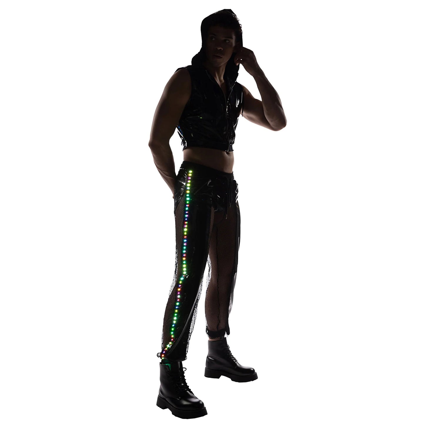 Iridescent Multicolor Light-Up PVC Panel Fishnet Joggers Pants