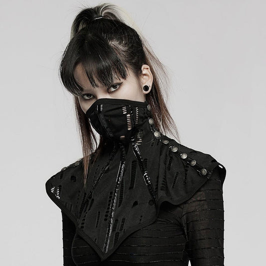Stretch mesh wetlook faux leather mask shoulder cape ripped snap button push snap-button push-button goth gothic punk cyber cyberpunk cyber-punk halloween accessories black