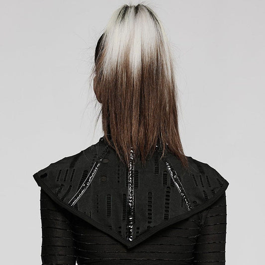 Stretch mesh wetlook faux leather mask shoulder cape ripped snap button push snap-button push-button goth gothic punk cyber cyberpunk cyber-punk halloween accessories black