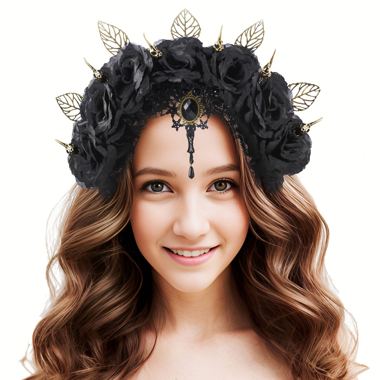 Plastic headband headpiece crown head-gear nylon roses metallic alloy hollow leaves crystal bird skull goth gothic halloween accessory black gold accessories 