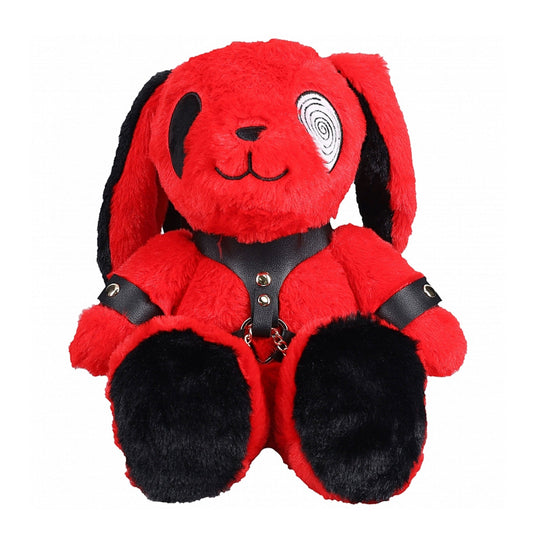 Short plush plushie luggage bag backpack stuffed cotton bunny psych psycho PU leather straps adjustable bondage bdsm edgy unique spacious interior accessories gift red black