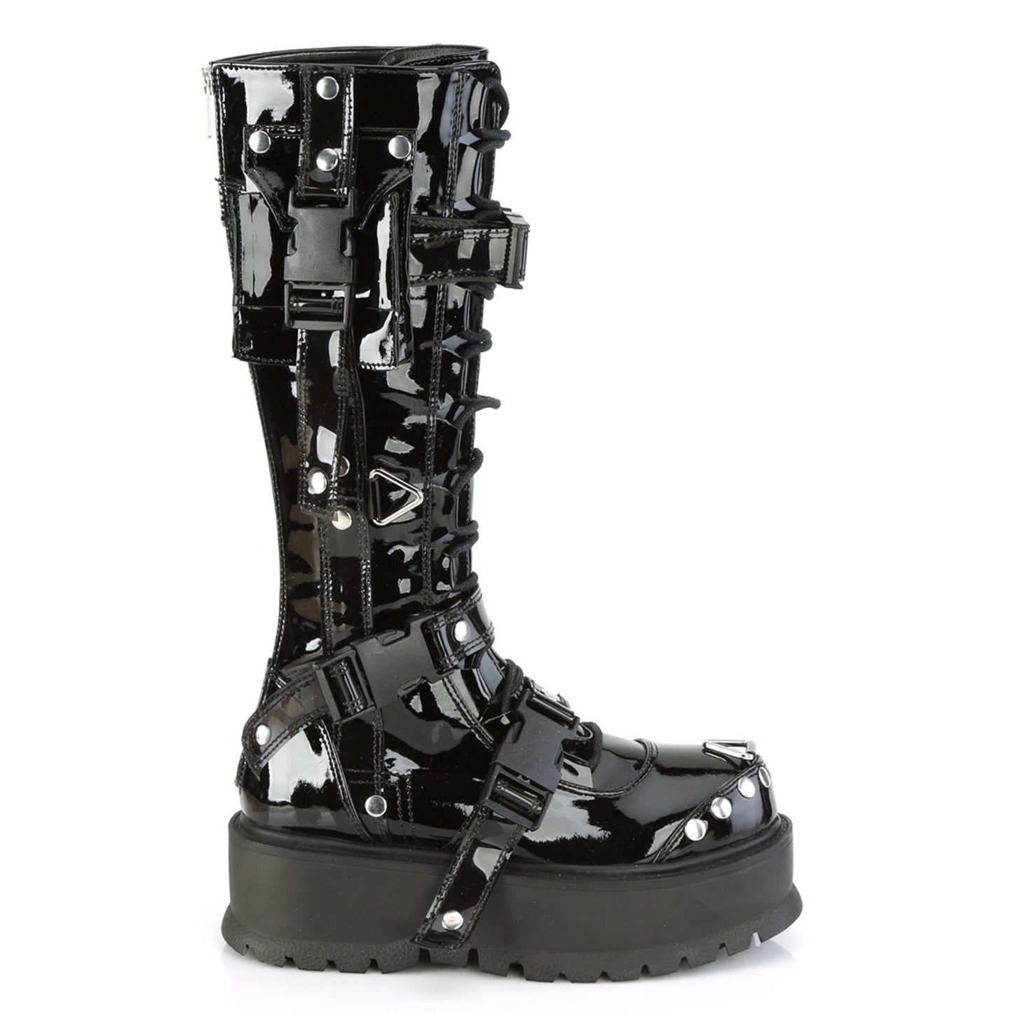 Studded PVC Platform Boots with Cargo Pocket & Buckles