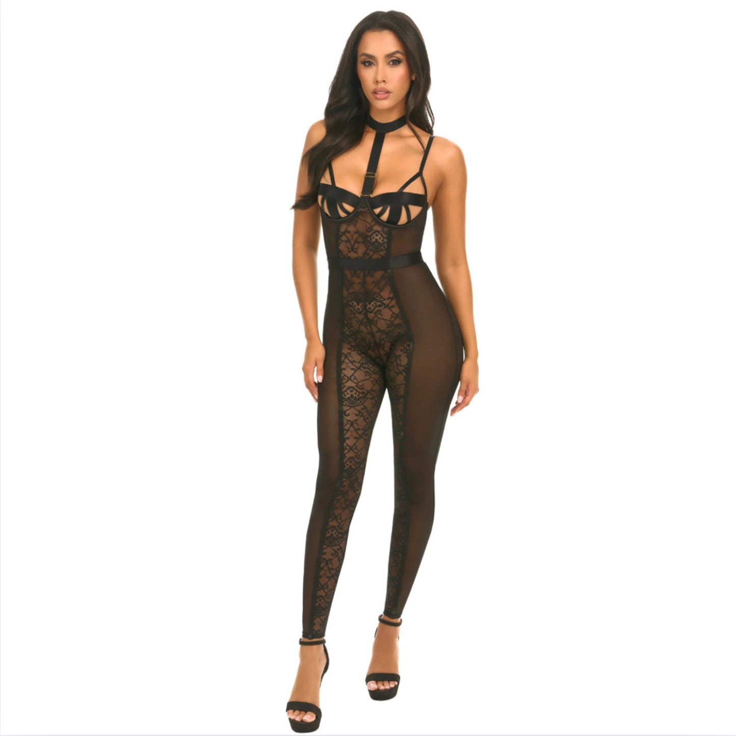 Caged Lace & Mesh Sleeveless Catsuit