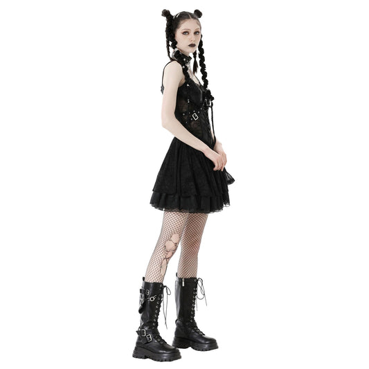 Mesh dress mini dress minidress mini-dress short sleeveless lolita loli cross straps pendant decorative buckles lace trim V-neckline spider spider-web web spiderweb nu-goth romantic witch goth gothic punk edgy black