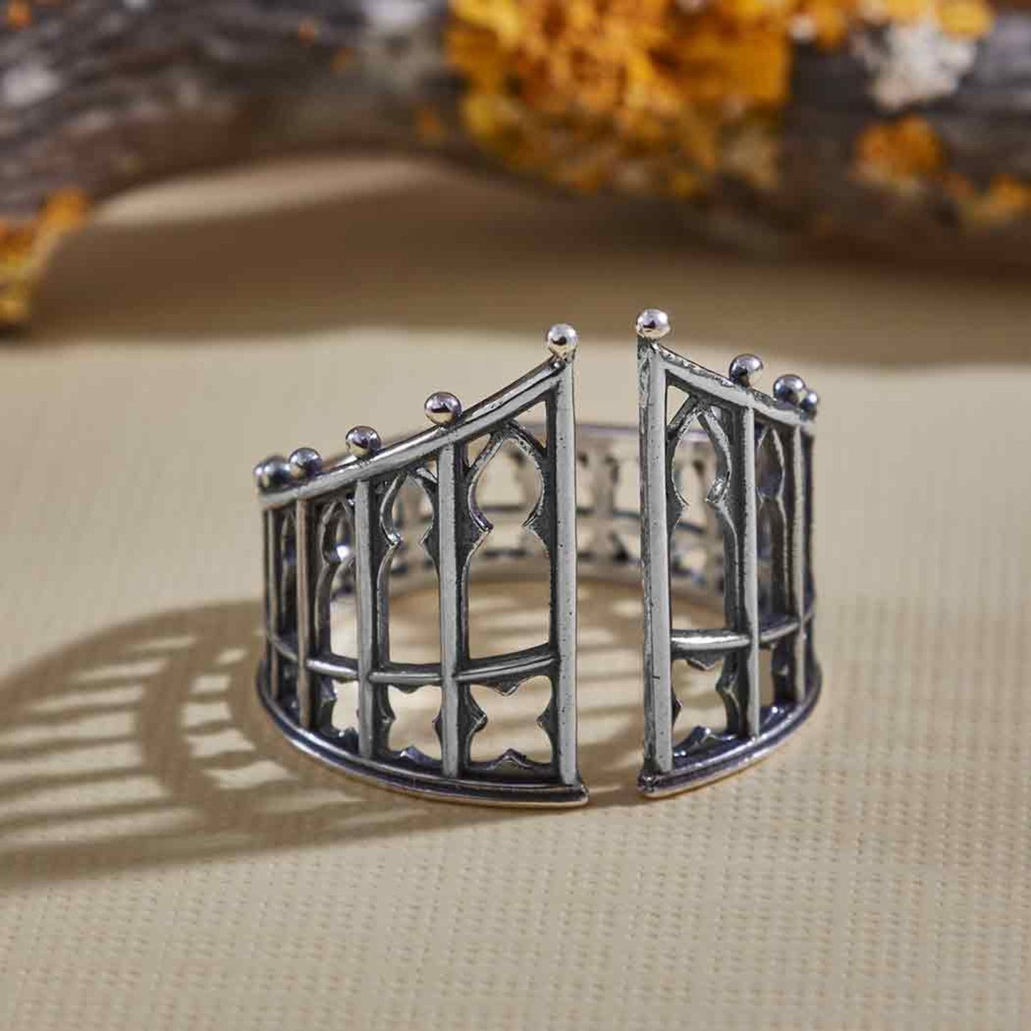 Sterling silver gothic gate ring, adjustable band, intricate wrought iron design.