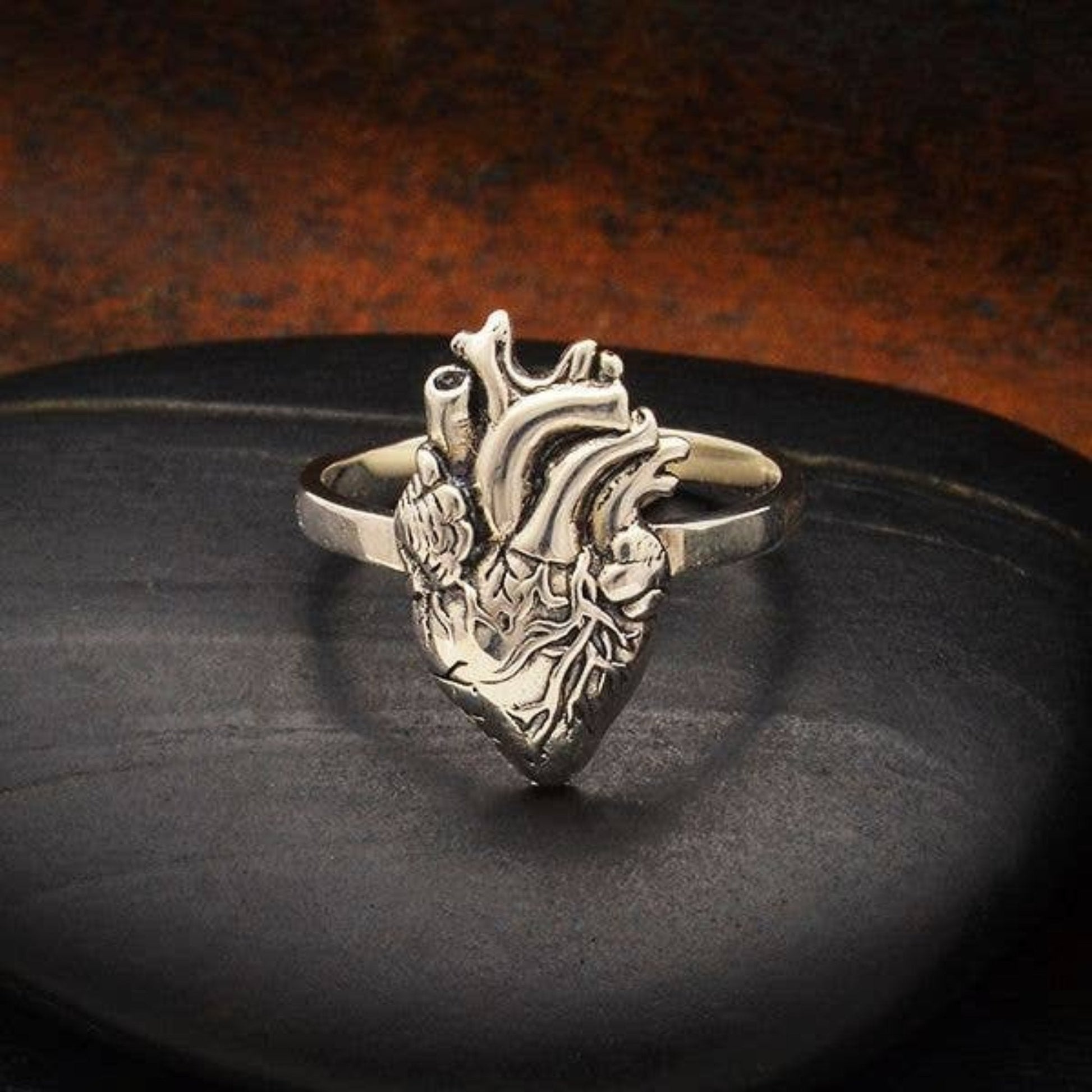 Sterling silver anatomical heart ring, lifelike heart design, romantic edgy jewelry.