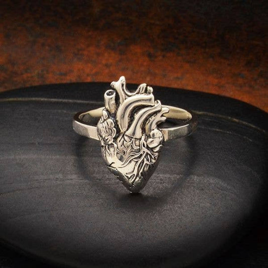 Sterling silver anatomical heart ring, lifelike heart design, romantic edgy jewelry.