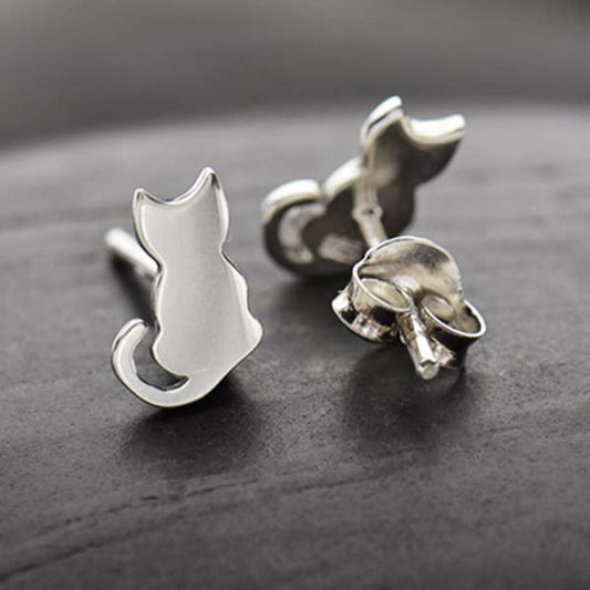 Sterling silver tiny cat stud earrings, sitting cat design, recycled silver.