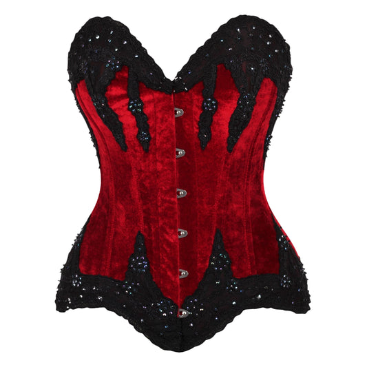 Luxurious velvet overbust corset with hand-beaded detailing, designed to sculpt and cinch the waist with spiral steel boning. This corset features a flattering sweetheart neckline, perfect for accentuating the bust while providing maximum support. The lace-up back allows for adjustable fit, while the velvet fabric offers a soft, elegant touch. Ideal for gothic, burlesque, or special occasion outfits,  velvet beaded corset 
