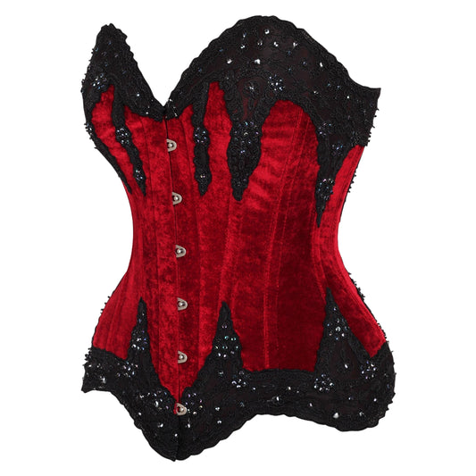 Luxurious velvet overbust corset with hand-beaded detailing, designed to sculpt and cinch the waist with spiral steel boning. This corset features a flattering sweetheart neckline, perfect for accentuating the bust while providing maximum support. The lace-up back allows for adjustable fit, while the velvet fabric offers a soft, elegant touch. Ideal for gothic, burlesque, or special occasion outfits,  velvet beaded corset 