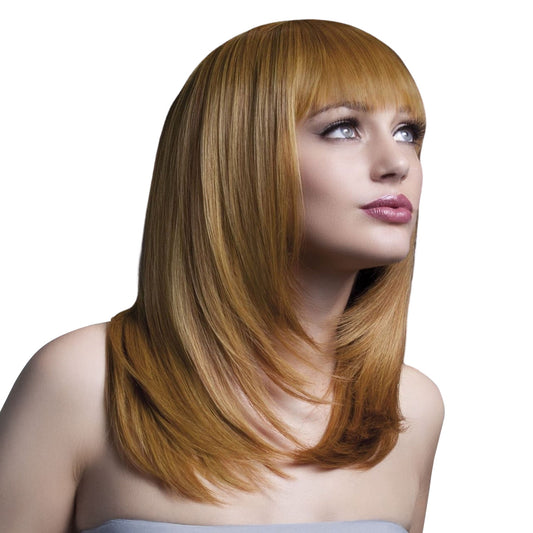 Synthetic-hair polypropylene fever wig tanja feathery feathered fringe long adjustable wig-cap heat-resistant styled styleable professional realistic costumes cosplay accessories head-gear auburn