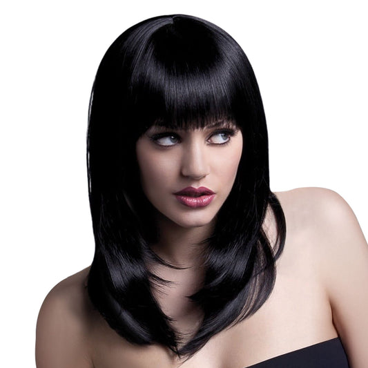 Synthetic-hair polypropylene fever wig tanja feathery feathered fringe long adjustable wig-cap heat-resistant styled styleable professional realistic costumes cosplay accessories head-gear black