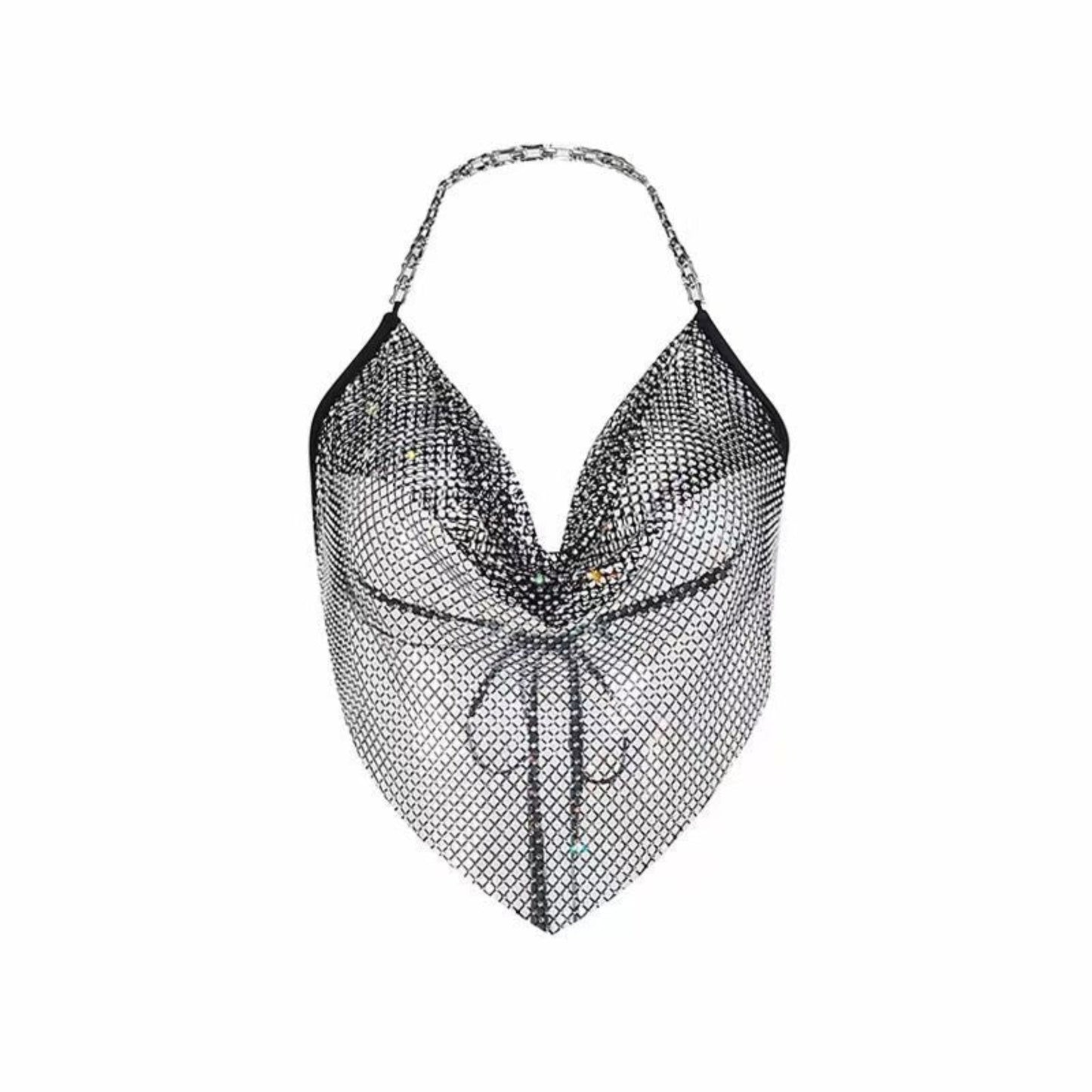 rhinestone fishnet halter top black tie back sheer sexy clubwear festival Fetish Factory