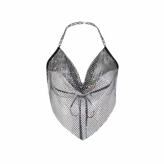 rhinestone fishnet halter top black tie back sheer sexy clubwear festival Fetish Factory