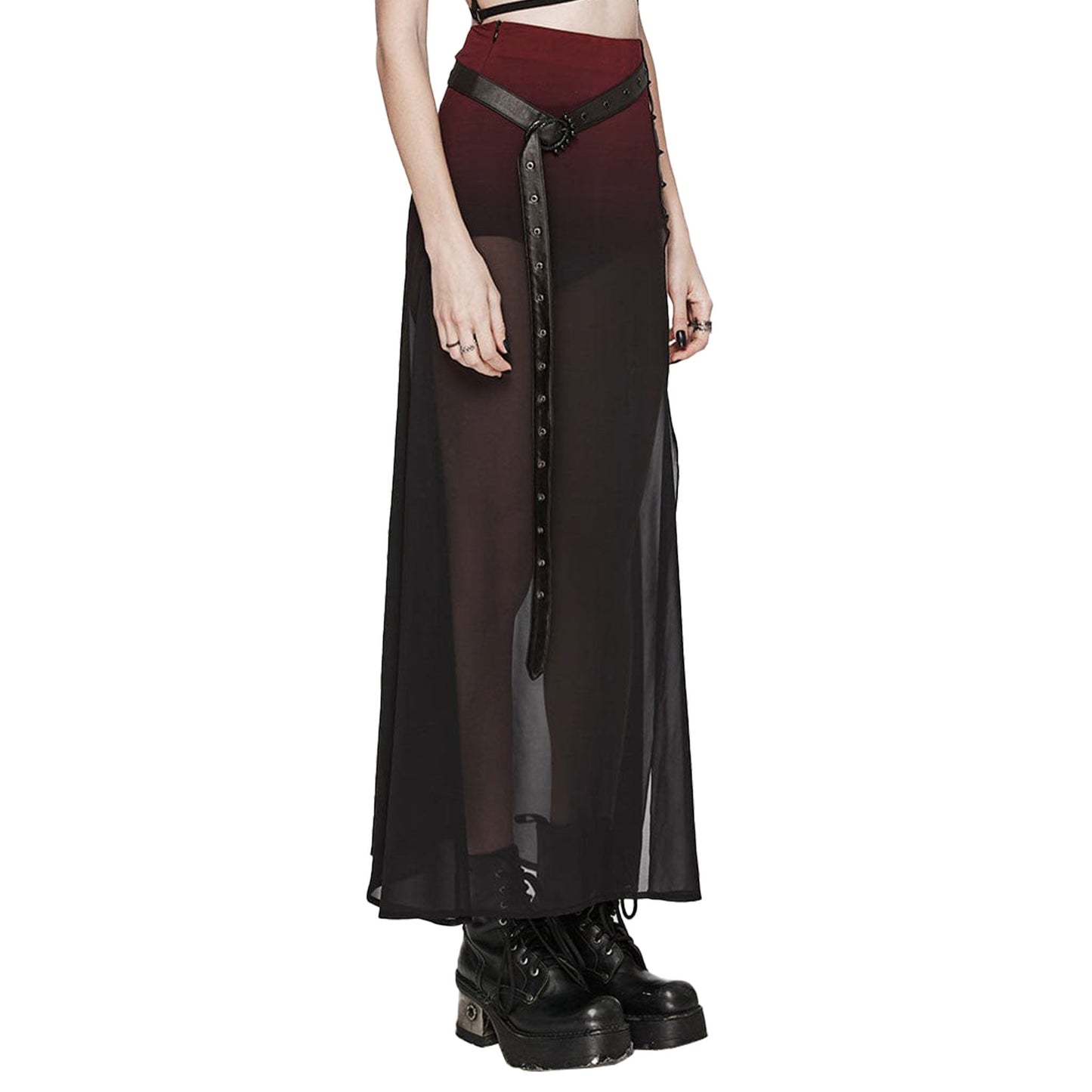 Gradient Mesh Split Chiffon Maxi Skirt with Belt