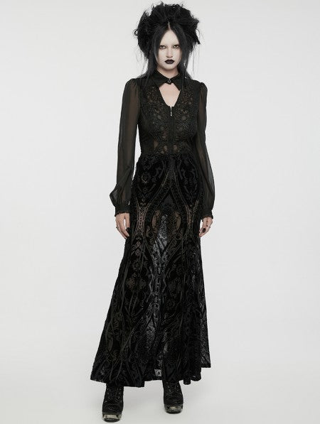 Goth Flocked Mesh Maxi Skirt