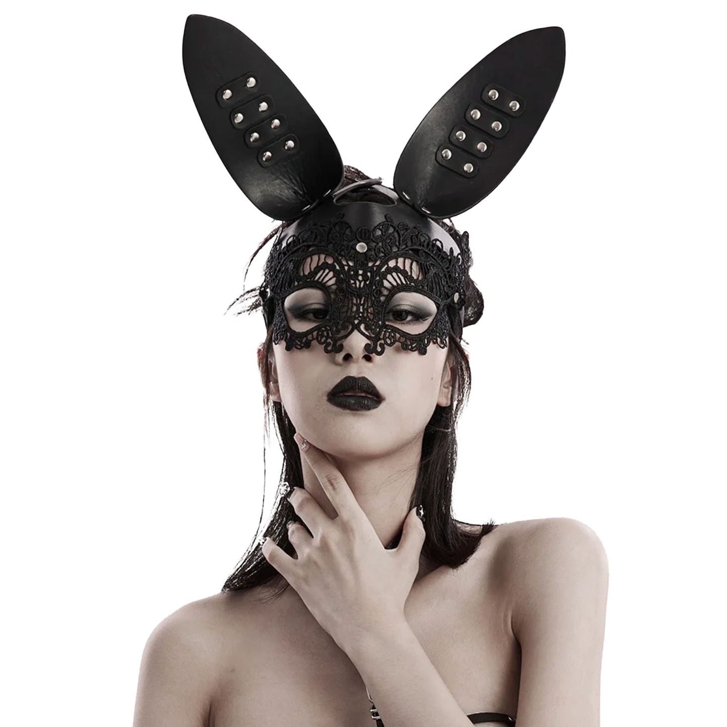 Bunny rabbit mask studded PU leather ears lace eyes costume halloween pet-play sexy fetish bdsm roleplay accessories black