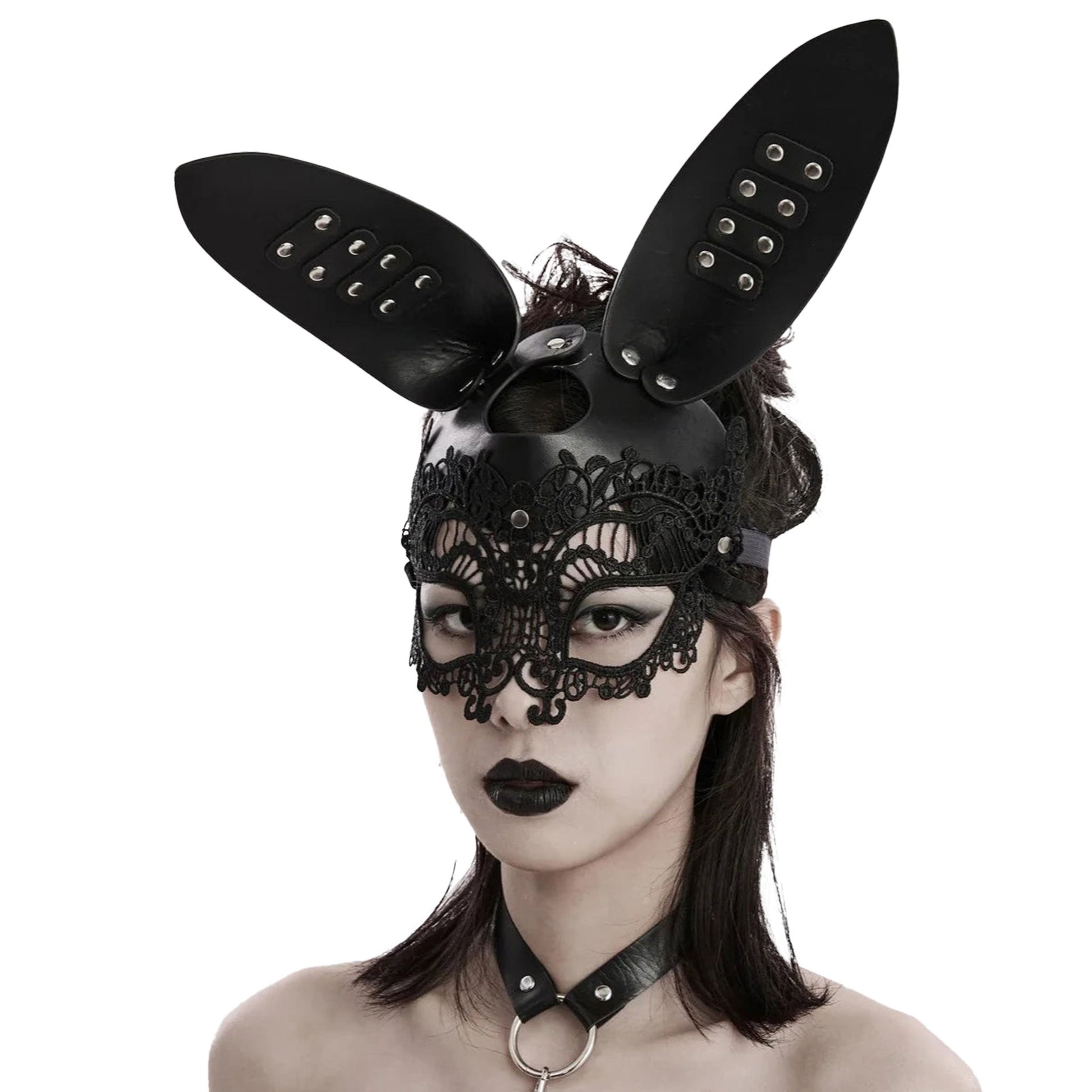 Bunny rabbit mask studded PU leather ears lace eyes costume halloween pet-play sexy fetish bdsm roleplay accessories black