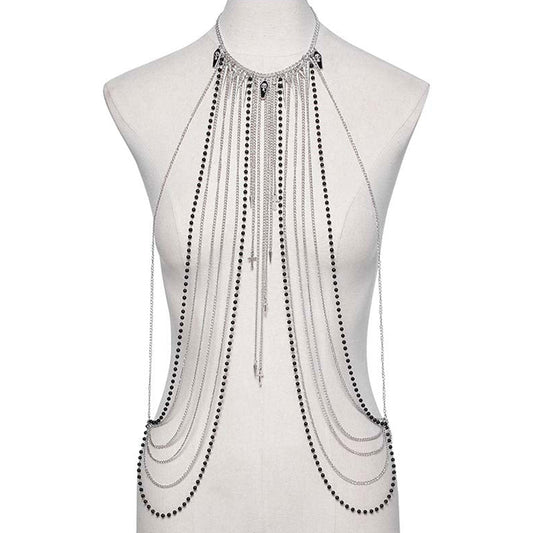 Multilayered Chains Skull Beaded Body Harness Silver