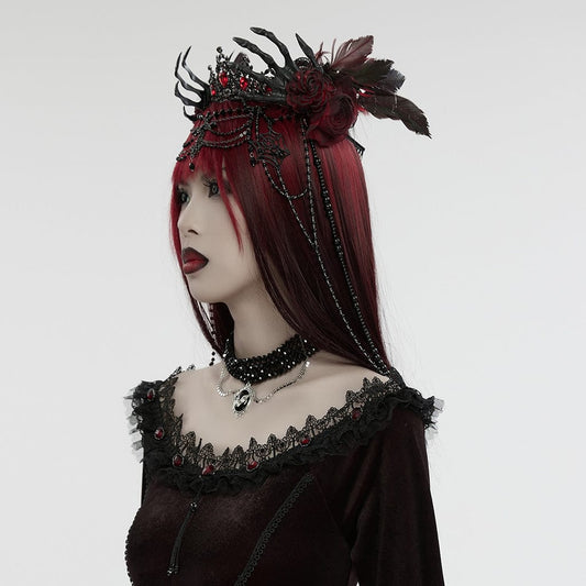 Death Hands Long Beaded Crown Black & Red