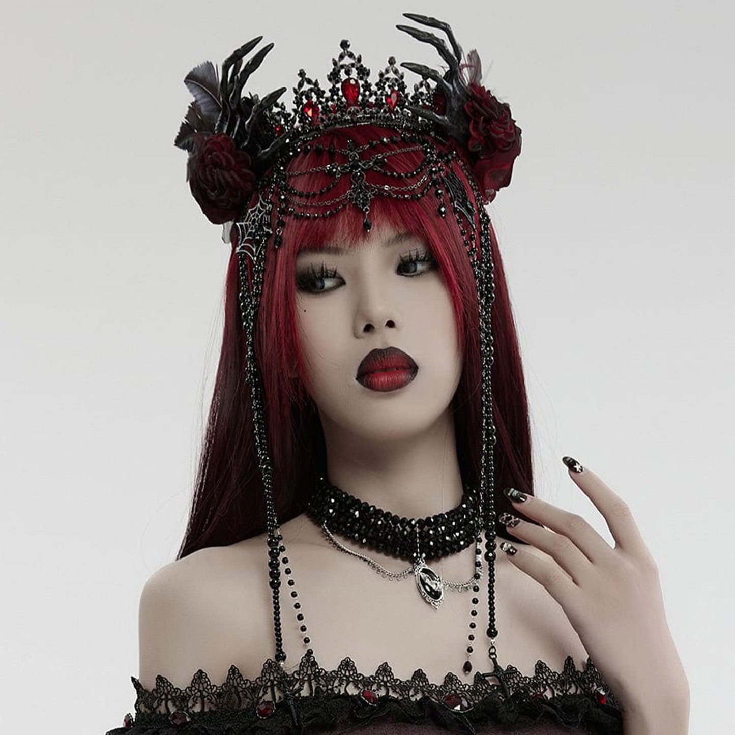 Death Hands Long Beaded Crown Black & Red