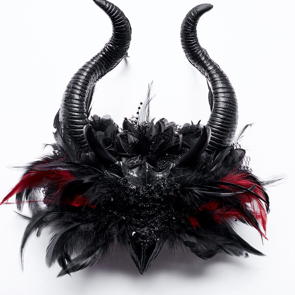 Gothic Feather Beaded Horned Headwear Black & Red