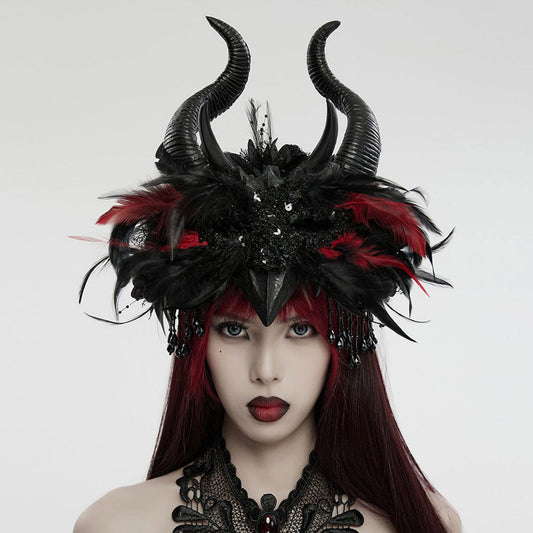 Gothic Feather Beaded Horned Headwear Black & Red