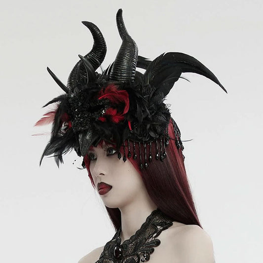 Gothic Feather Beaded Horned Headwear Black & Red