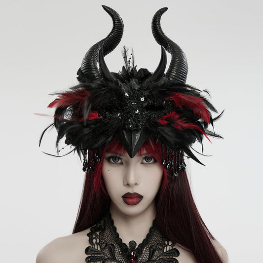 Gothic Feather Beaded Horned Headwear Black & Red