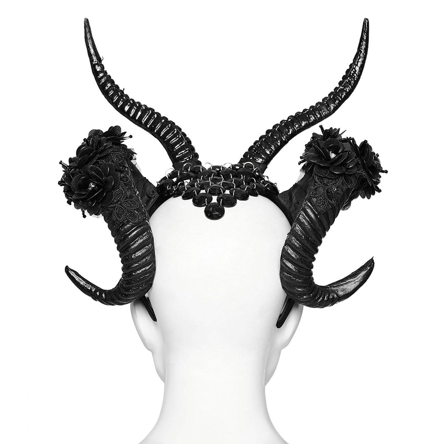 Devil horns black crystal mesh headgear, devilish headgear with glittery flower accents, black crystal mesh drop headgear with plastic horns, Halloween cosplay devil horns with headband, dramatic devil headgear with crystal and flower details.