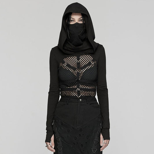 Goth Long Sleeve Fishnet Shirt & Hooded Mask