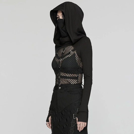 Goth Long Sleeve Fishnet Shirt & Hooded Mask