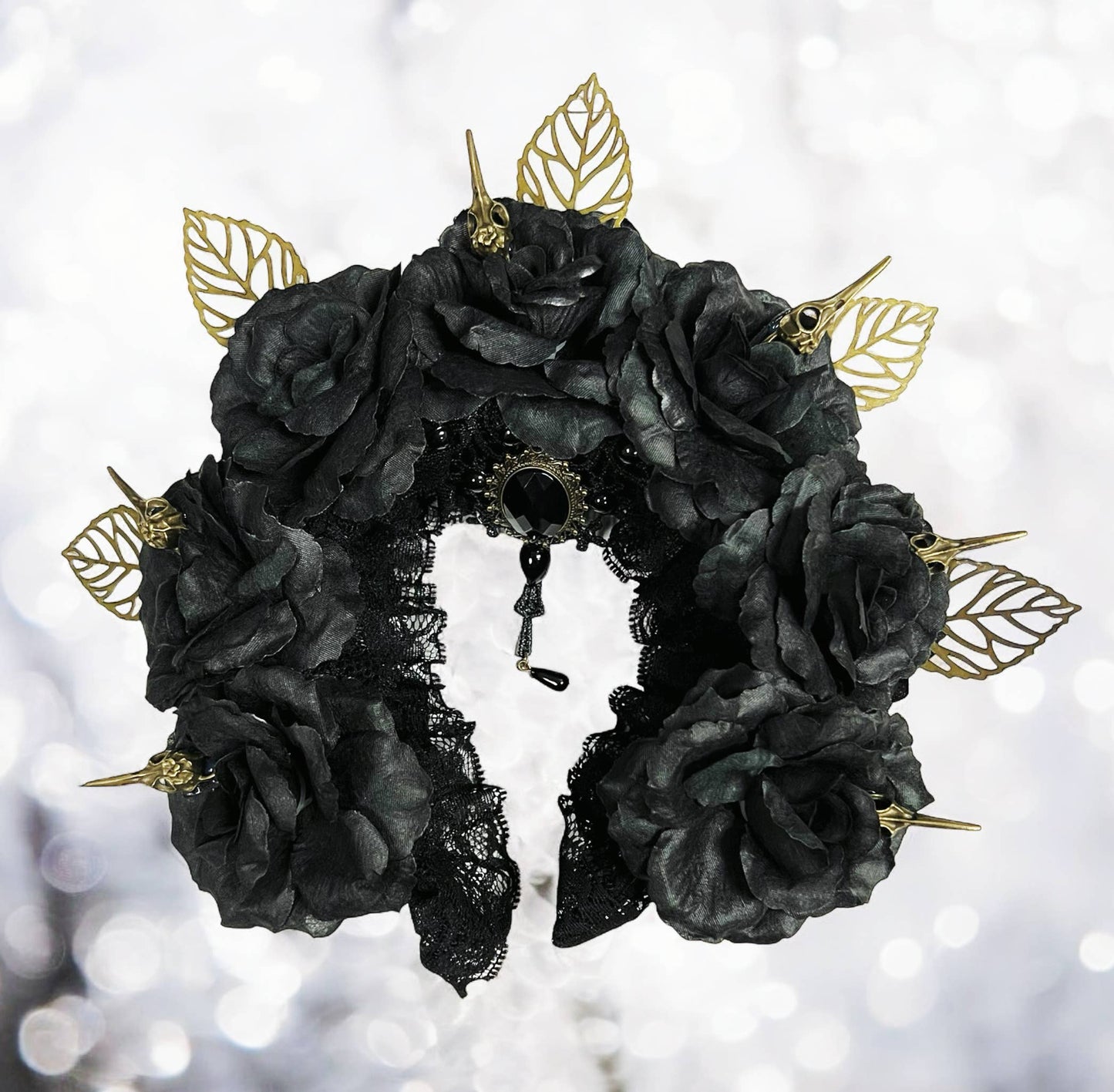 Black Rose headband gothic accessories gold leaves rhinestone crystal headpiece