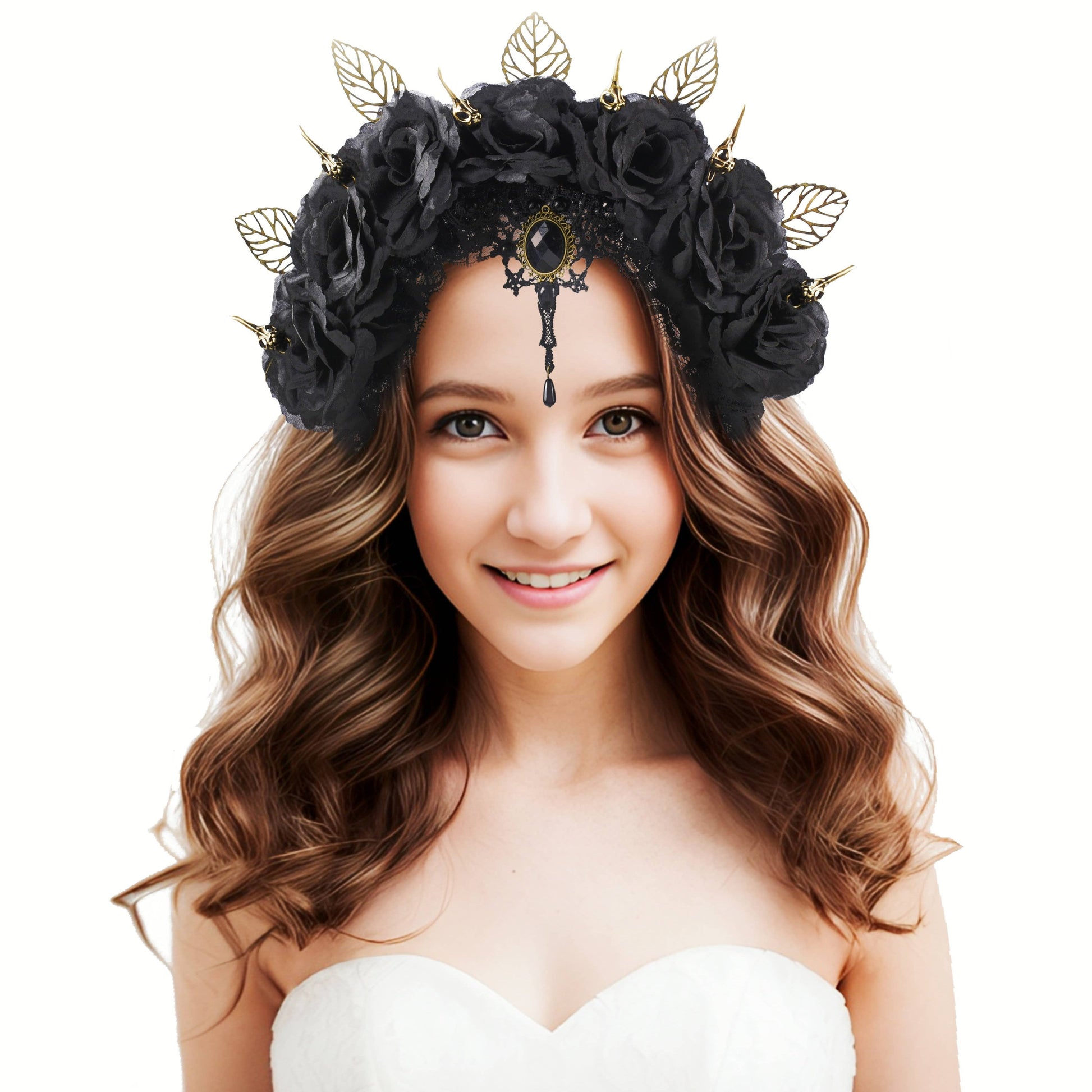 Black Rose headband gothic accessories gold leaves rhinestone crystal headpiece