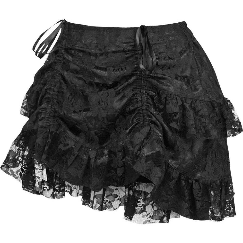 Black Lace Ruched Bustle Skirt | Gothic Steampunk Skirt with Adjustable Length | Pirate Cosplay Lace Skirt | Showgirl Lace Skirt | Elastic Waist Gothic Bustle Skirt