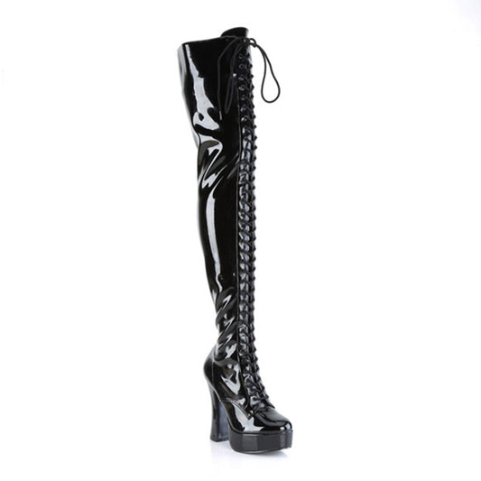 Lace Up Stretch Thigh High Chunky Boots