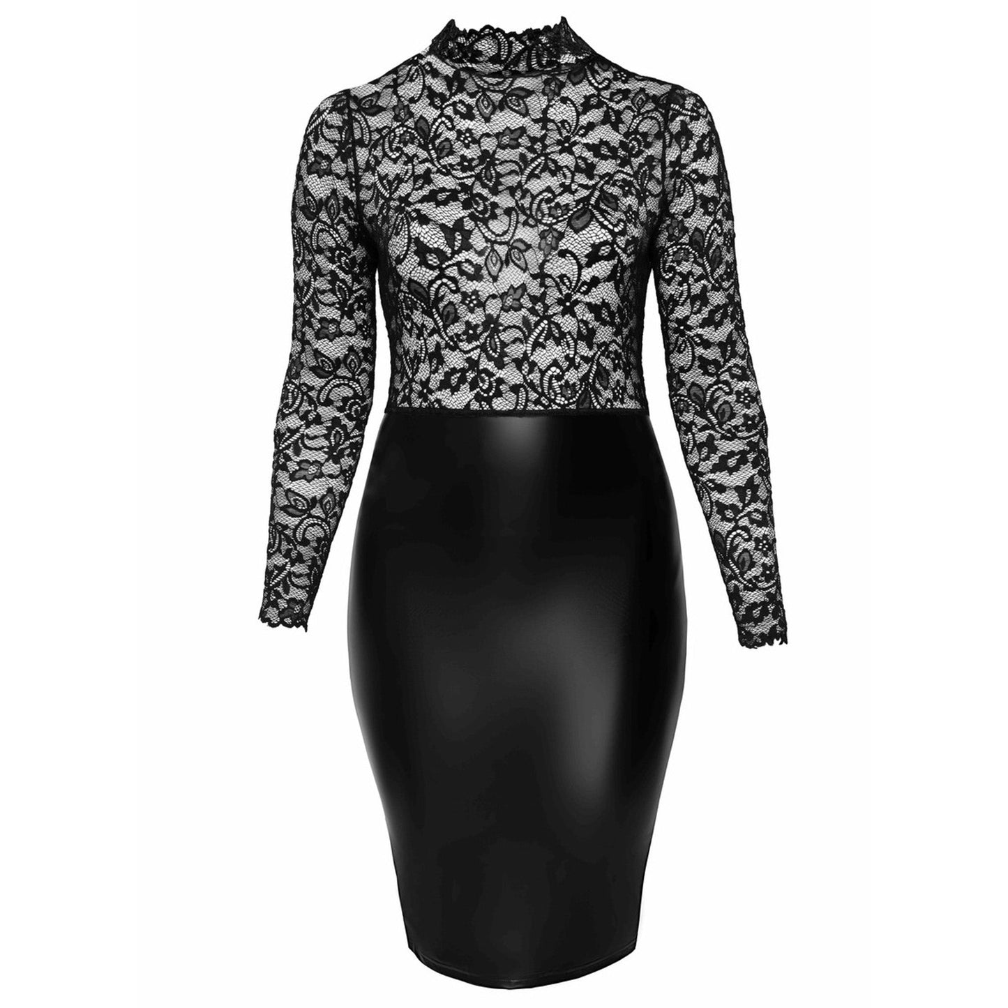 High Neck Long Sleeve Lace Top Wetlook Midi Dress Curvy