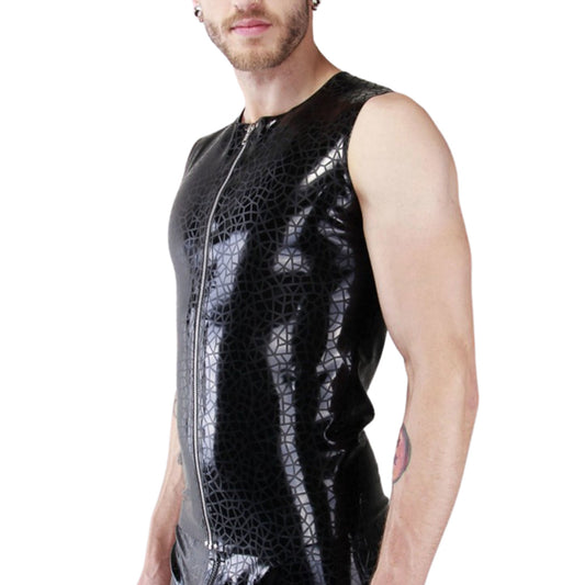 Latex Crackle Pattern Textured Sleeveless Shirt