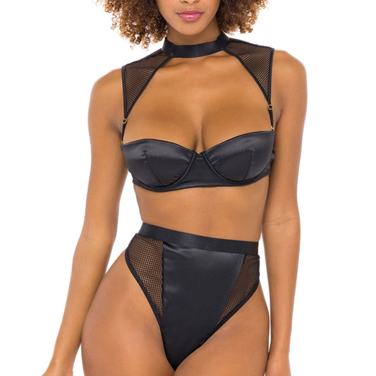 Panel Removable Fishnet Shoulder Top Satin Bra  & High Wasted Panties