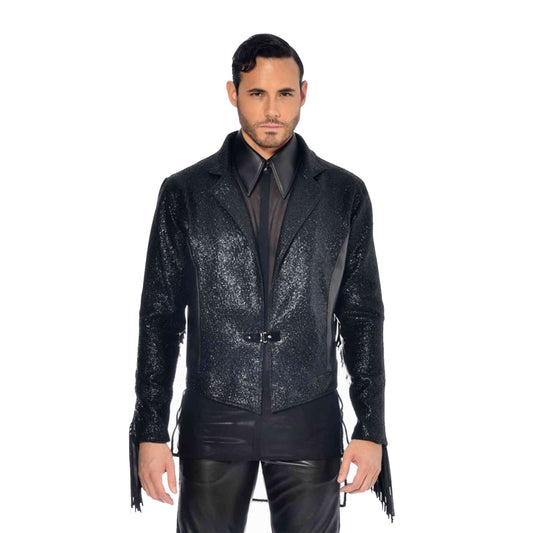 Jayden Faux Leather & Textured Fringe Sleeves Jacket