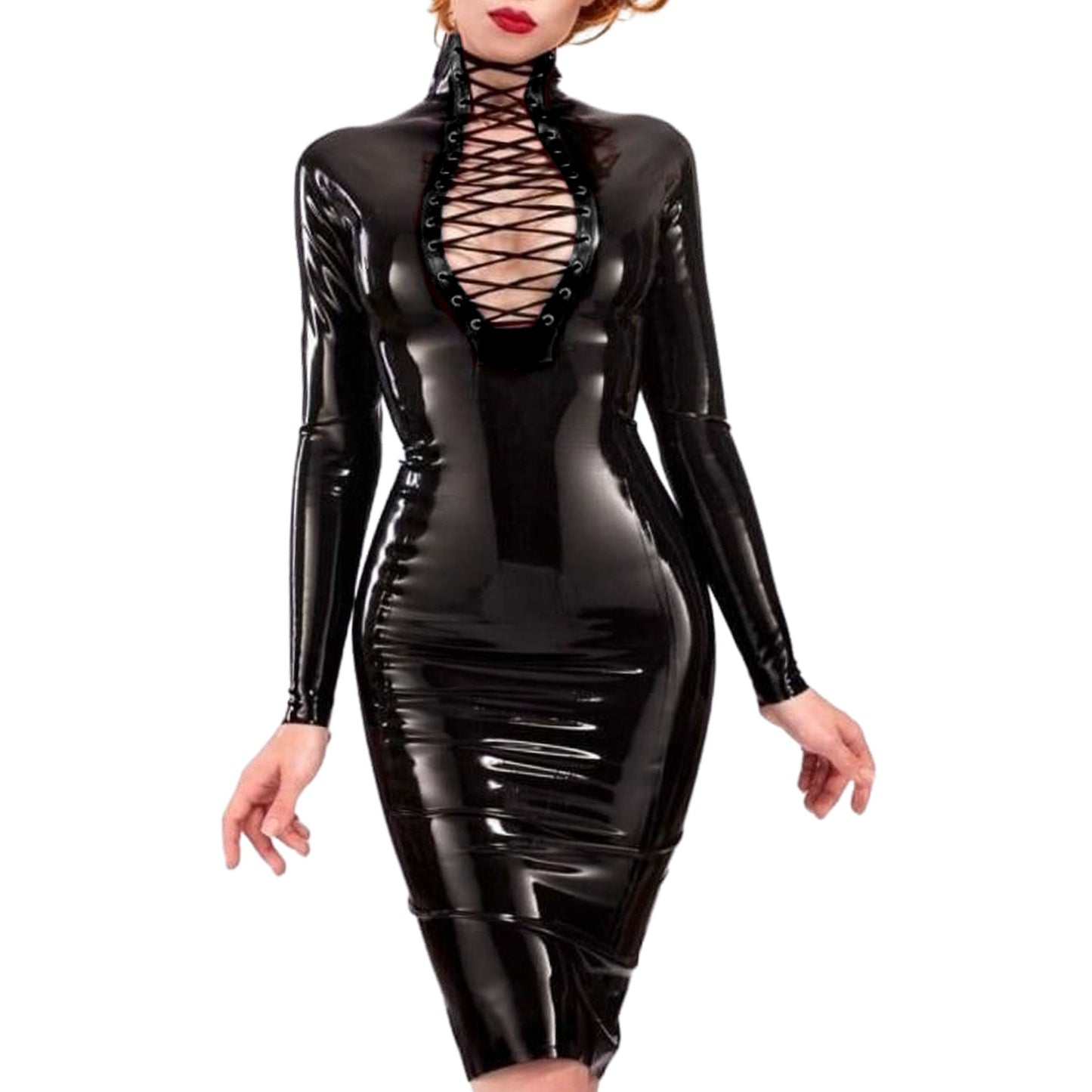 Laced Cleavage High Neck Long Sleeve Latex Pencil Dress