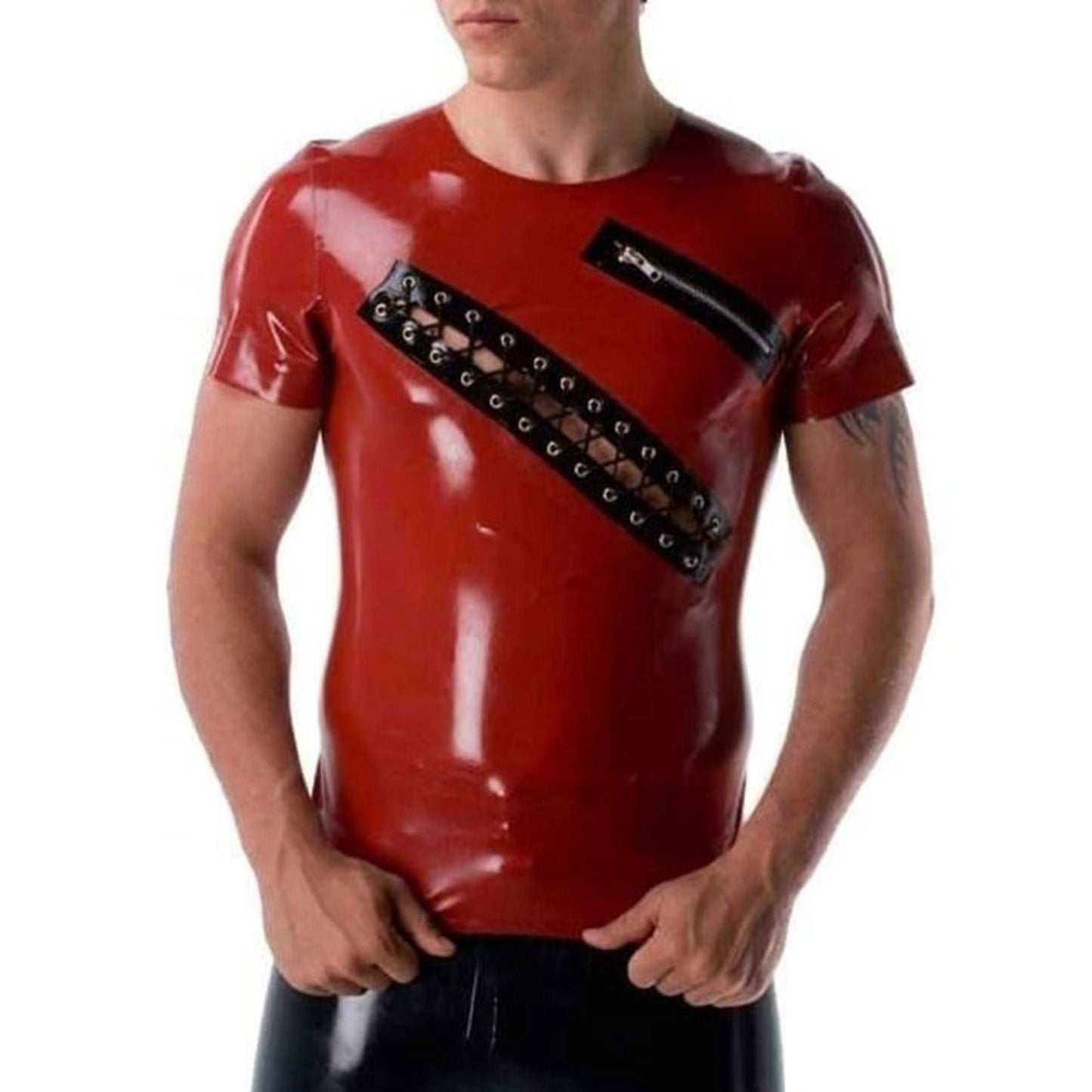 Men's Latex Top with Lace & Zip Detail