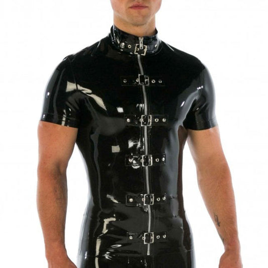 High Collar Front Buckles Short Sleeve Latex Top