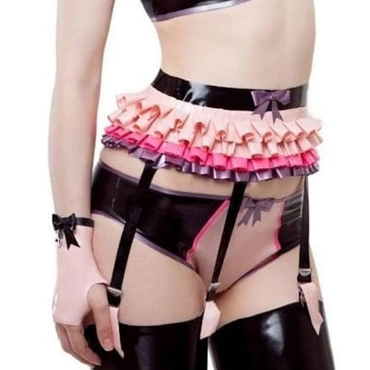 Latex Black Waist Garter Belt with 4 Ruffle Layers Size S